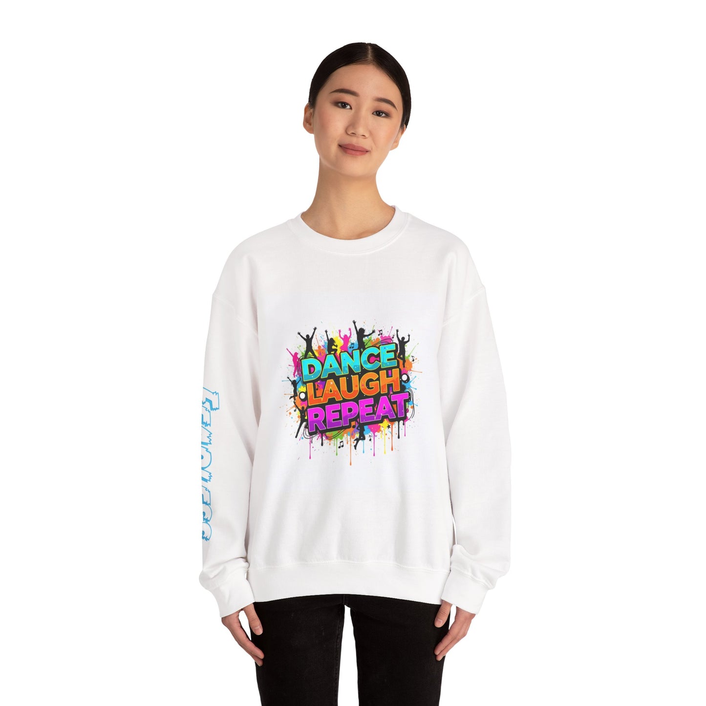 Colorful Dance Laugh Repeat Sweatshirt, Cozy Gift for Dancers, Fun Unisex Pullover, Perfect for Parties & Celebrations, Trendy Casual Wear