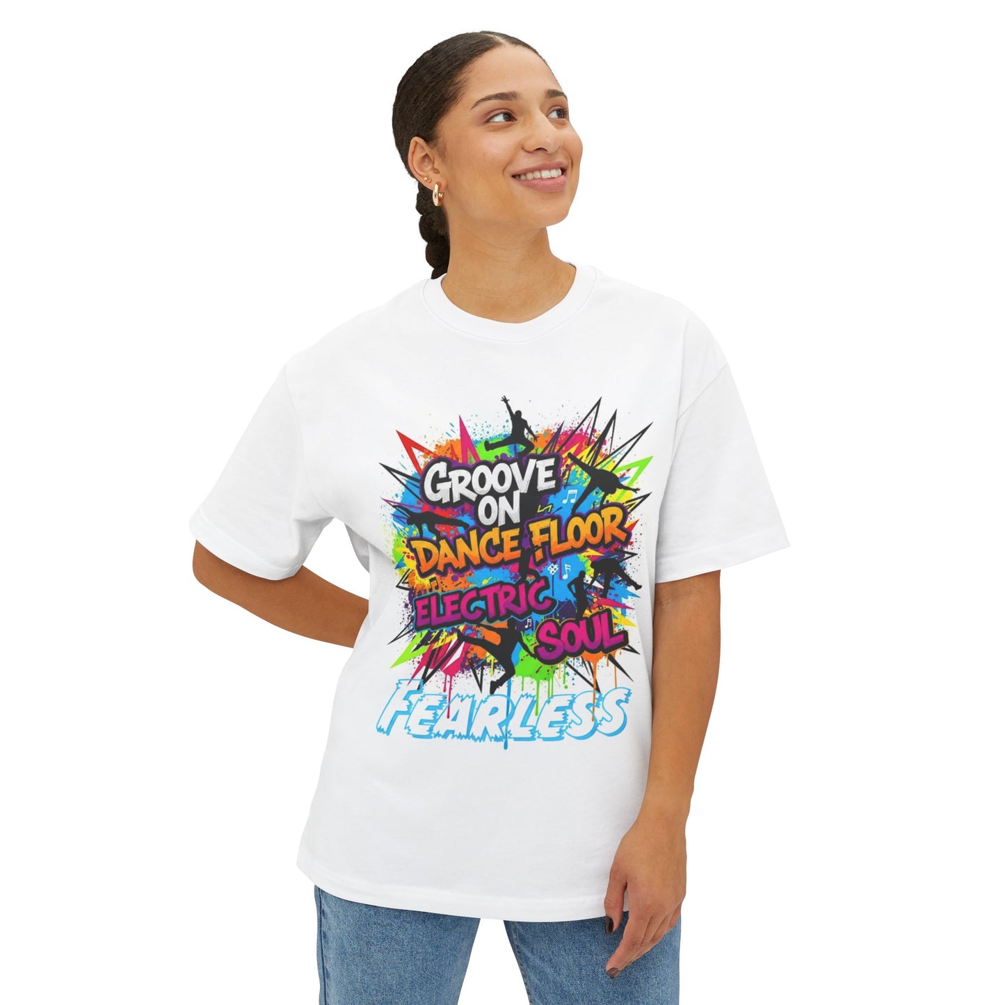 Electric Soul Groove Boxy Tee, Unisex Oversized Tee for Dance Lovers, Fearless Graphic Shirt, Party Outfit, Gift for Friends, Festival Wear