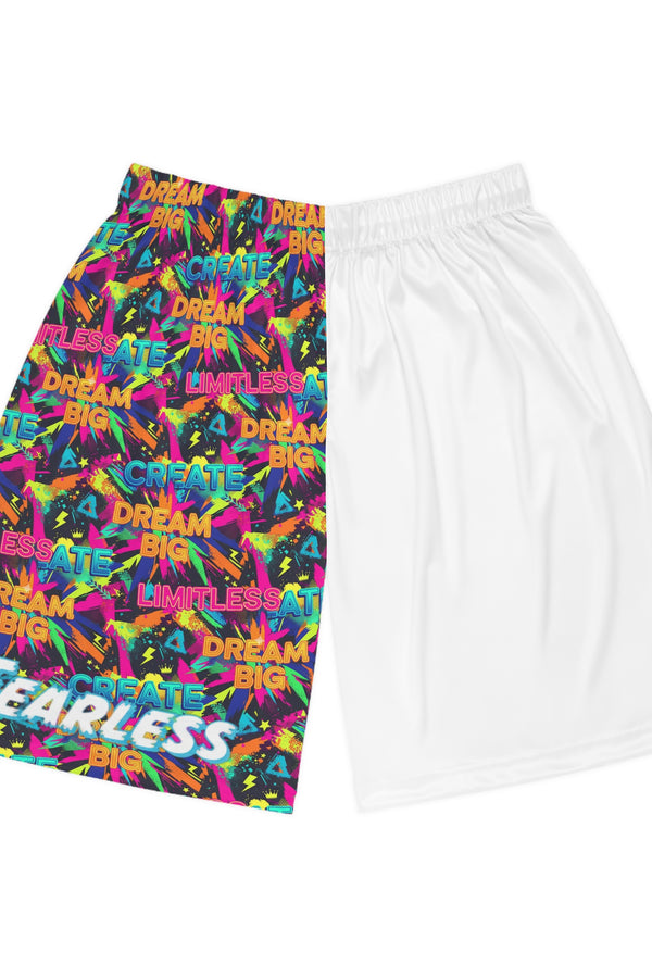 Fearless Dream Big Basketball Shorts, Colorful Workout Shorts, Activewear for Sports, Youth Athletic Gear, Motivational Sport Shorts